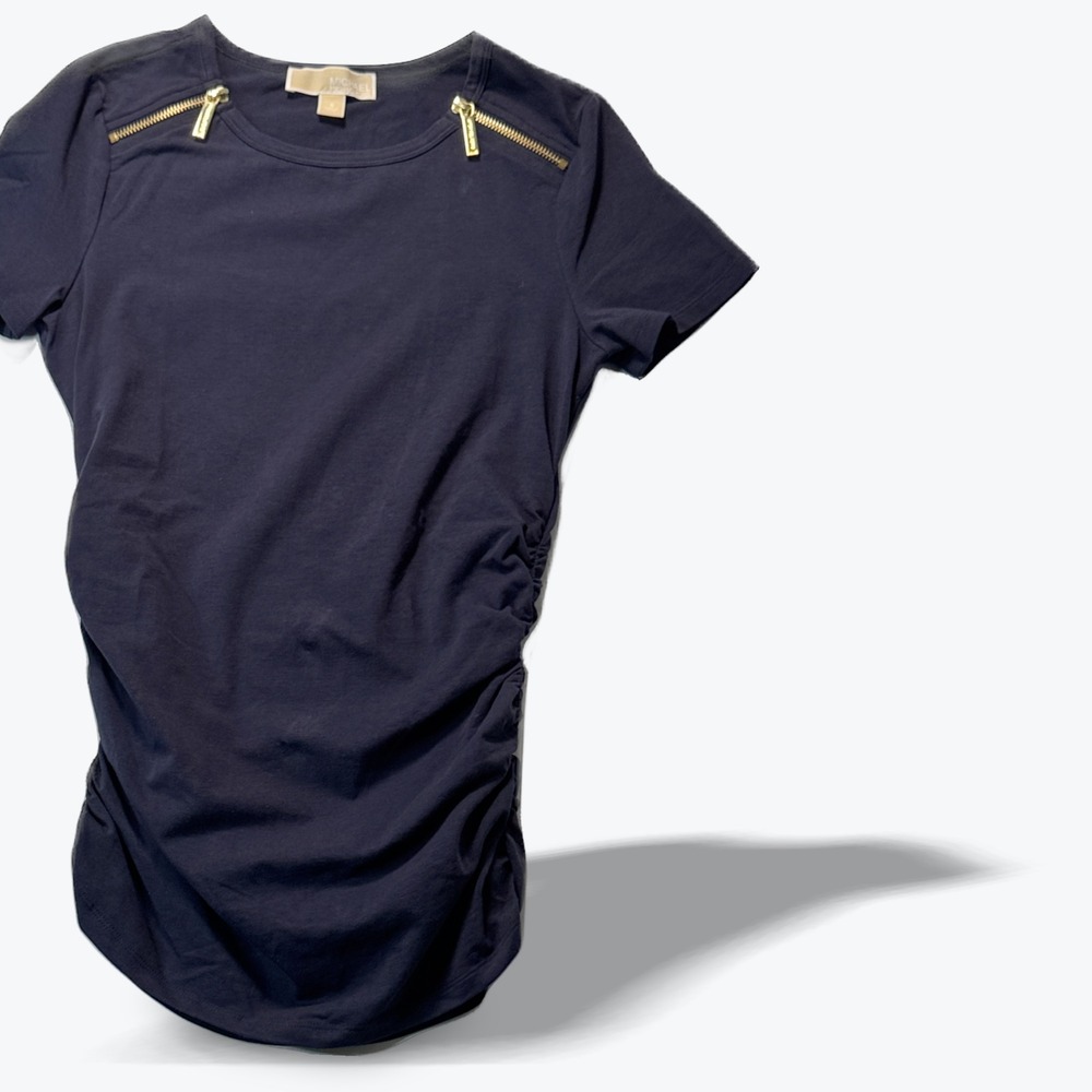 Michael Kors Short Sleeve Top Ruched Side Gold Zipper Shoulder Navy Blue Small